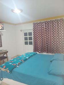 1 dormitorio con cama azul y ventana en Cortes Hermanos, en La Cal