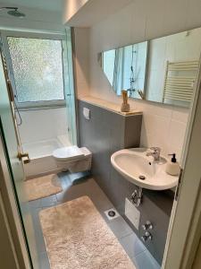 Un baño con lavabo, inodoro y espejo. en City-Wohnung in Braunschweig, en Brunswick