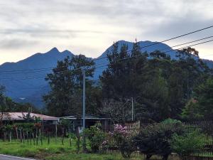 a mountain in the distance with a house and power lines at Casa Rosita in Chiriquí