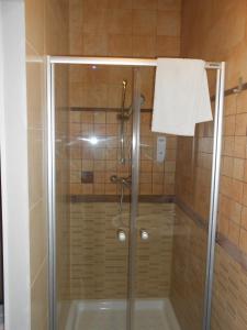 W łazience znajduje się prysznic ze szklanymi drzwiami. w obiekcie Hospedaje Nuestra Señora de Ujue w mieście Tafalla