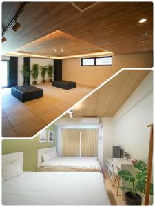 a room with two beds and a staircase at Queen's Park 空港直通 新今宮駅 通天閣 新世界 in Osaka