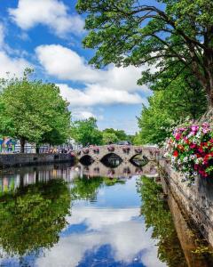 a bridge over a river in a city with flowers at The Greenmount in Westport