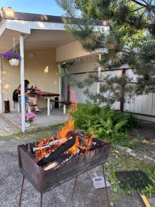 a fire pit in a yard with people sitting at a table at Vesela Bdzhilka in Sumy