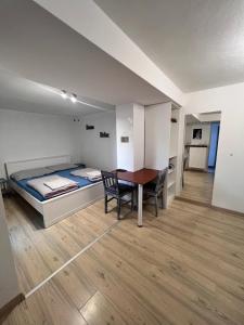 a bedroom with a bed and a desk and a table at Ubytovani Na Hrazi 91 in Znojmo