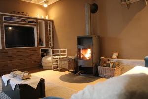a living room with a fireplace and a tv at Gertrude&Friends in Herbais