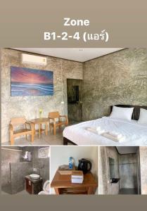 eine Collage mit Bildern eines Schlafzimmers mit einem Bett und einem Tisch in der Unterkunft DC Farm House in Ban Huai Khai