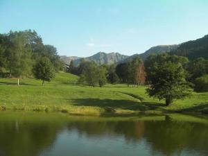 a pond in a field with trees and mountains at Appartement à la montagne in Le Mont-Dore