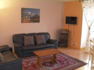 a living room with a leather couch and a table at Appartement à la montagne in Le Mont-Dore
