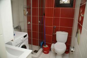 un bagno piastrellato rosso con servizi igienici e spazzola di Apartman Jana b a Divčibare