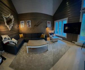 a living room with a couch and a tv at ReindeerCabin PoroMökki LEVI in Kittilä