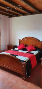 a bedroom with a wooden bed with red pillows at Club JM Lanzarote in Tabayesco