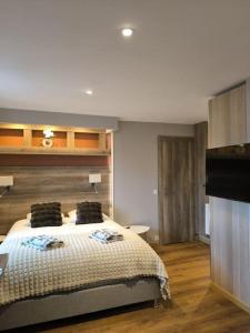 a bedroom with a large bed and a television at Grand Studio Place Morny refait à neuf in Deauville
