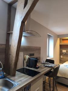 a kitchen with a counter with a sink and a bed at Grand Studio Place Morny refait à neuf in Deauville