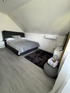 a bedroom with a bed and a rug at Casa Fred in Sîmbotin +32 photos