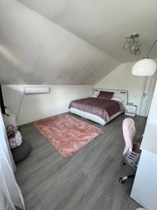 a bedroom with a bed and a pink rug at Casa Fred in Sîmbotin