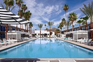 スコッツデールにあるHotel Adeline, Scottsdale, a Tribute Portfolio Hotelのヤシの木と椅子が備わる大型スイミングプール