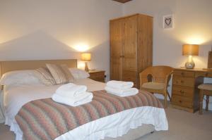 1 dormitorio con 1 cama con toallas en Troedyrhiw Bed & Breakfast en Cardigan