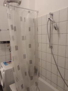 einen Duschvorhang im Bad mit Badewanne in der Unterkunft Denia privat room 5min walk from Railstation in Koblenz