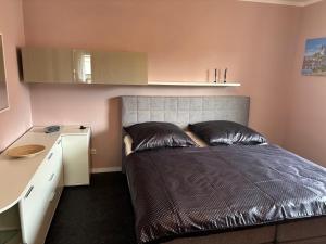a small bedroom with a bed and a desk at Apartment im Elbtal Meißen-Dresden in Meißen