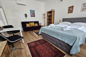 ein Schlafzimmer mit einem Bett, einem Schreibtisch und einem Stuhl in der Unterkunft Vienna Palm Apartments in Wien