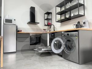a kitchen with a washer and dryer under a counter at Gites L'atelier 1410 in Saint-Amand-les-Eaux