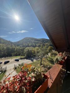 a balcony with a view of a parking lot and mountains at Pensiunea Drumul Iancului in Vidra