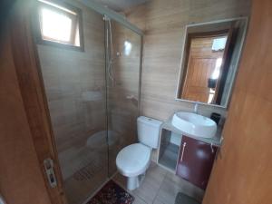 a bathroom with a shower and a toilet and a sink at Pousada Belas Praias Lofts da Riba in Imbituba