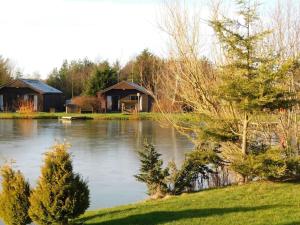 un lac avec un chalet en arrière-plan et des arbres dans l'établissement Wild Oats Lodge 9, Yellowtop Country Park, à York
