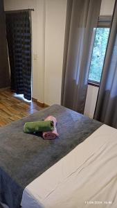 ein Schlafzimmer mit einem Bett, auf dem eine Essiggurke liegt in der Unterkunft Escalarte - Gruta da Lapinha in Lagoa Santa