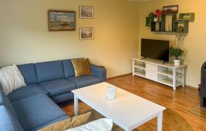 un soggiorno con un divano blu e una TV di Stunning Apartment In Kristiansand S a Kristiansand Altre 18 foto
