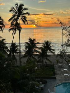 Una puesta de sol sobre una playa con palmeras y el océano. en Praia de Piedade flat frente para o mar, completo Edf Golden Beach, en Recife