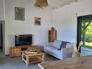 a living room with a couch and a tv at SALTY LODGE Villa 3 chambres piscine "ALIZES" - Pointe Faula in Le Vauclin