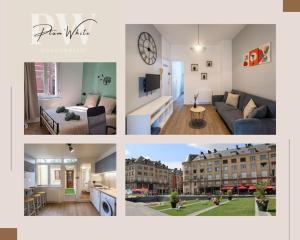 een collage van foto's van een woonkamer en een appartement bij L'Hortillon Amiens 4 pers 8min Centre ville & Gare in Amiens