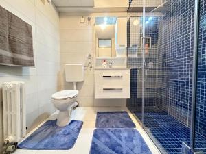a bathroom with a toilet and a shower with blue rugs at Sarajevo center in Sarajevo +7 photos