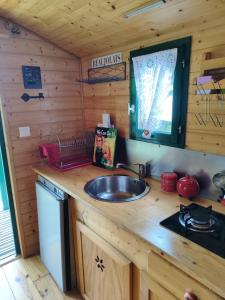 a kitchen with a sink in a log cabin at La roulotte de Mary in Grimbosq