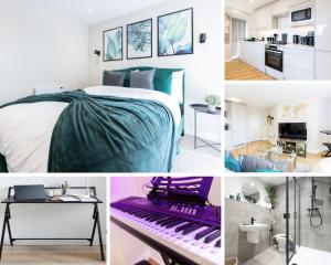 リーズにあるStylish Central Leeds Apartment by Arena with Free Parkingのベッドルームの写真コラージュ(キーボード付) +13枚の写真