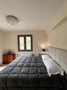 a bedroom with a large bed and a window at Entire Apartment 140m2 near Syvota and Parga in Makrochóra