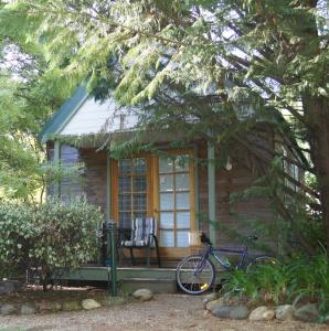 uma bicicleta estacionada em frente a uma casa de madeira em Chalets Lumineux em Bright