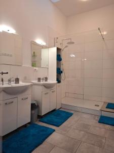 a bathroom with a sink and a shower with blue rugs at Gemütliche Ferienhaushälfte im Herzen Mainz in Mainz +14 photos