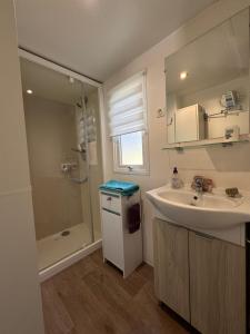 a white bathroom with a sink and a shower at Bungalow à capbreton - Terrasse in Capbreton +6 photos