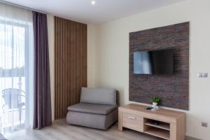 Televízia a/alebo spoločenská miestnosť v ubytovaní Apartmány Katalin