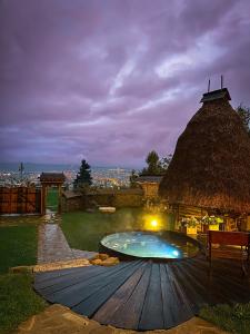 a small swimming pool with a thatch roof at Echoes of Vlădicu in Cluj-Napoca