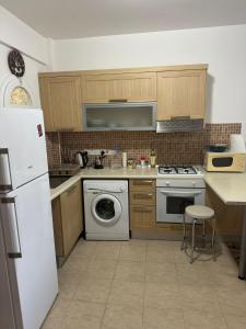 eine Küche mit einem weißen Kühlschrank und einem Geschirrspüler in der Unterkunft 1 Bedroom Apartment Long Beach İskele in Saint Yeorgios