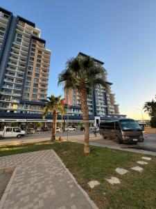 ein Lieferwagen, der eine Straße mit Palmen entlangfährt in der Unterkunft 1 Bedroom Apartment Long Beach İskele in Saint Yeorgios