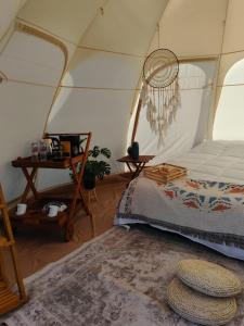 a bedroom with a bed and a chandelier at El Mirador Family Glamping in Estancia de Itargua
