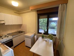 a small kitchen with a table and a window at Apartma Loško in Cerknica +42 photos