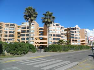 拉塞雷纳gran departamento para 11 personas en cuatro esquinas的一座空荡荡荡的街道,在一座建筑前有棕榈树