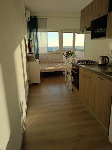 a kitchen with a couch in the middle of a room at Mare e Relax 1 Melody Sea Front 10' da FCO Airport in Fiumicino