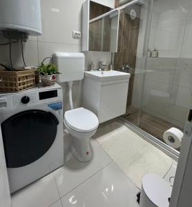 a bathroom with a toilet and a washing machine at Skopje-Modern, home apartment-Kozle in Ždanec