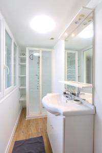 een witte badkamer met een wastafel en een spiegel bij L'Hortillon Amiens 4 pers 8min Centre ville & Gare in Amiens +15 foto's